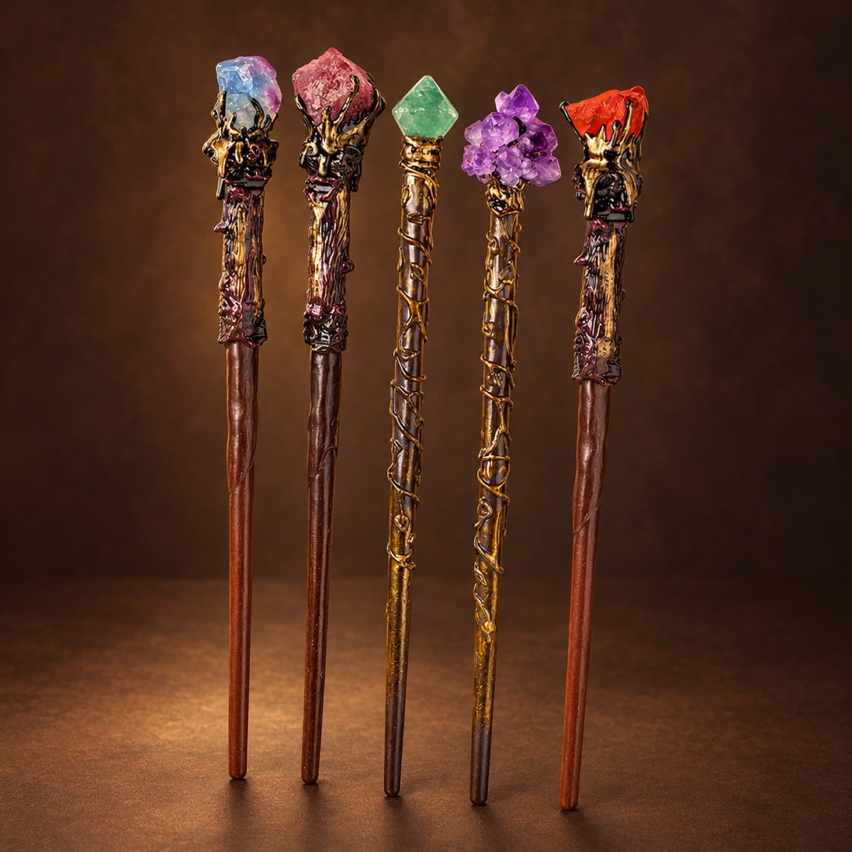 Seven magic wands topped with natural stones and gold vines