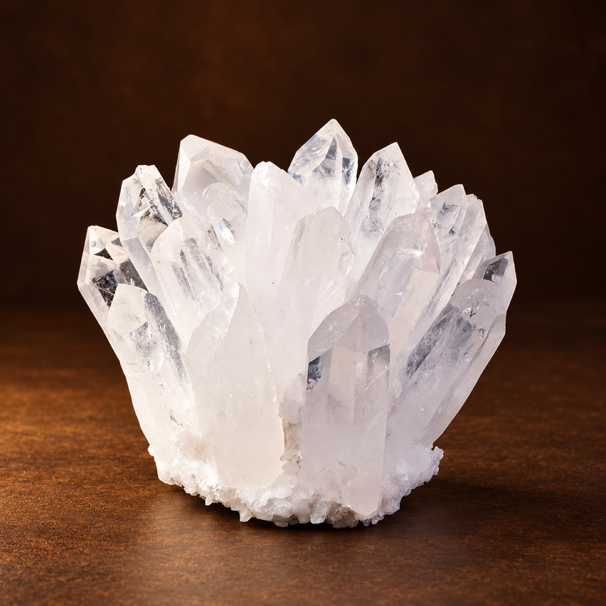 Clear quartz crystal cluster on a display base