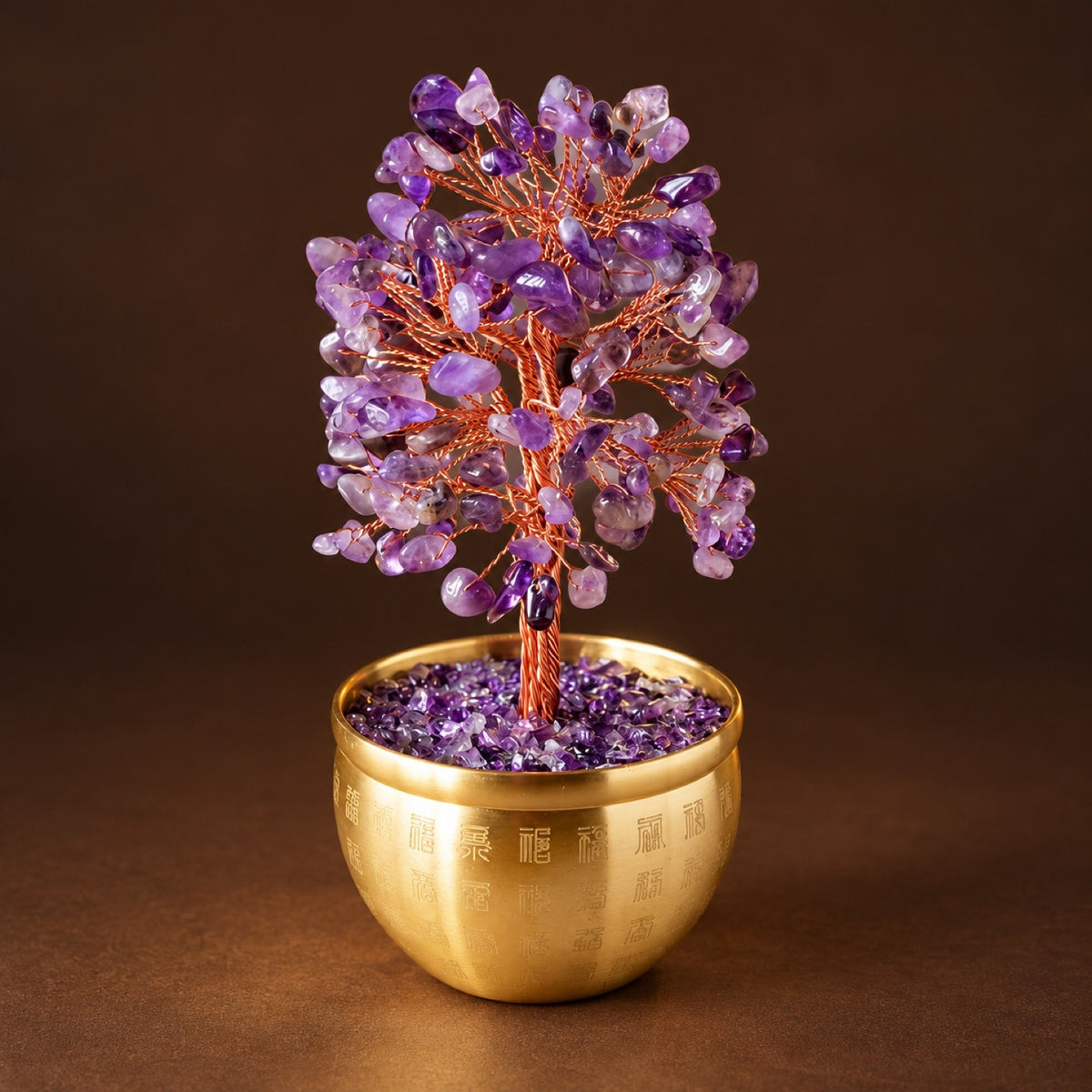Amethyst chip money tree in a gold-tone fortune bowl