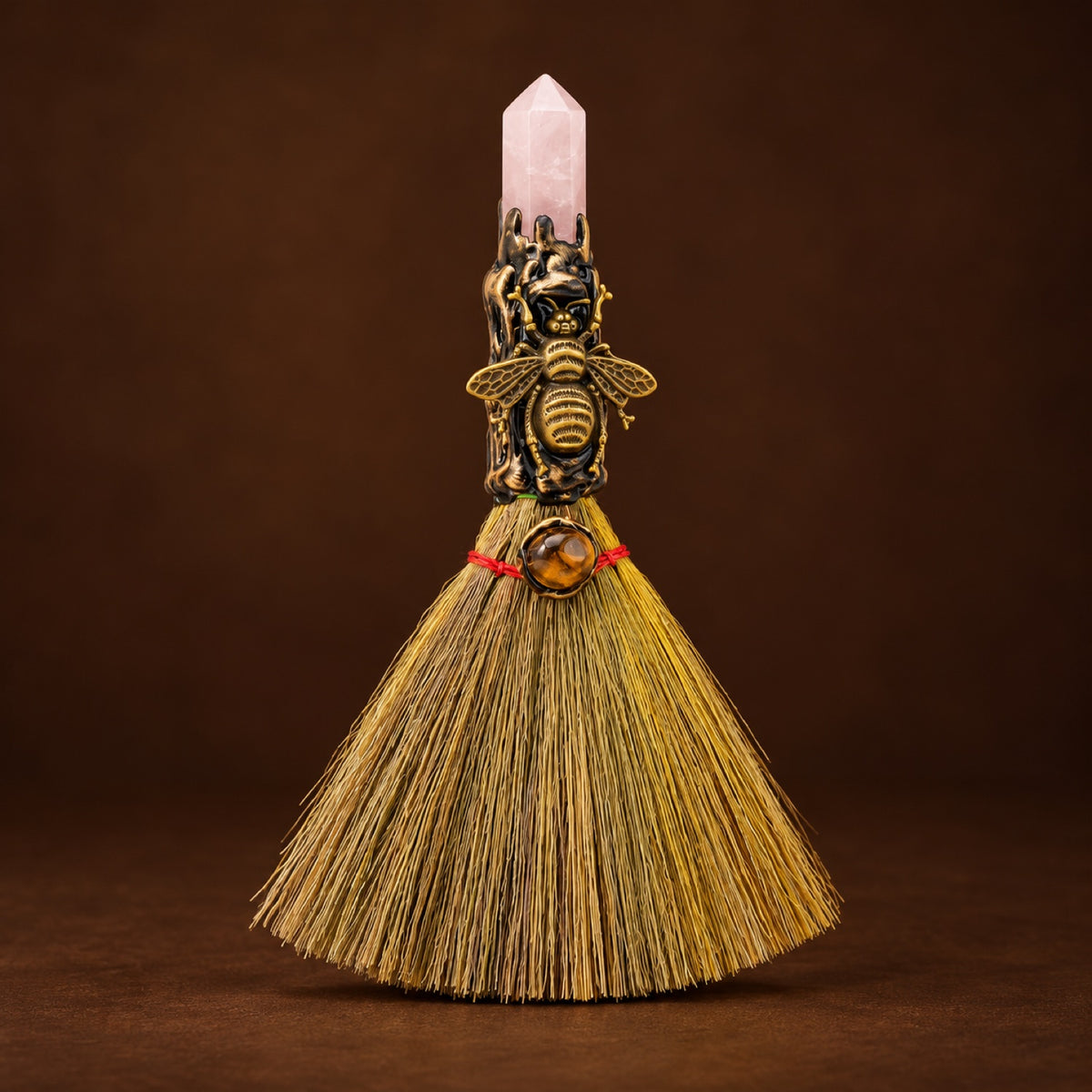 Mini witch broom with Rose Quartz point and bronze-tone charm