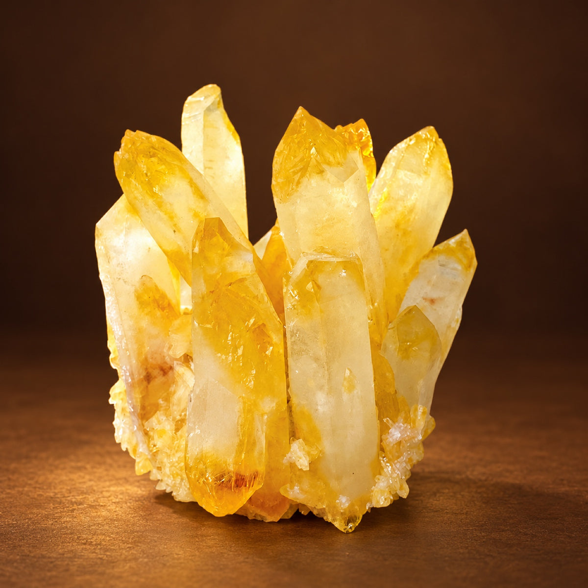 Yellow (color-enhanced) quartz crystal cluster on a display base