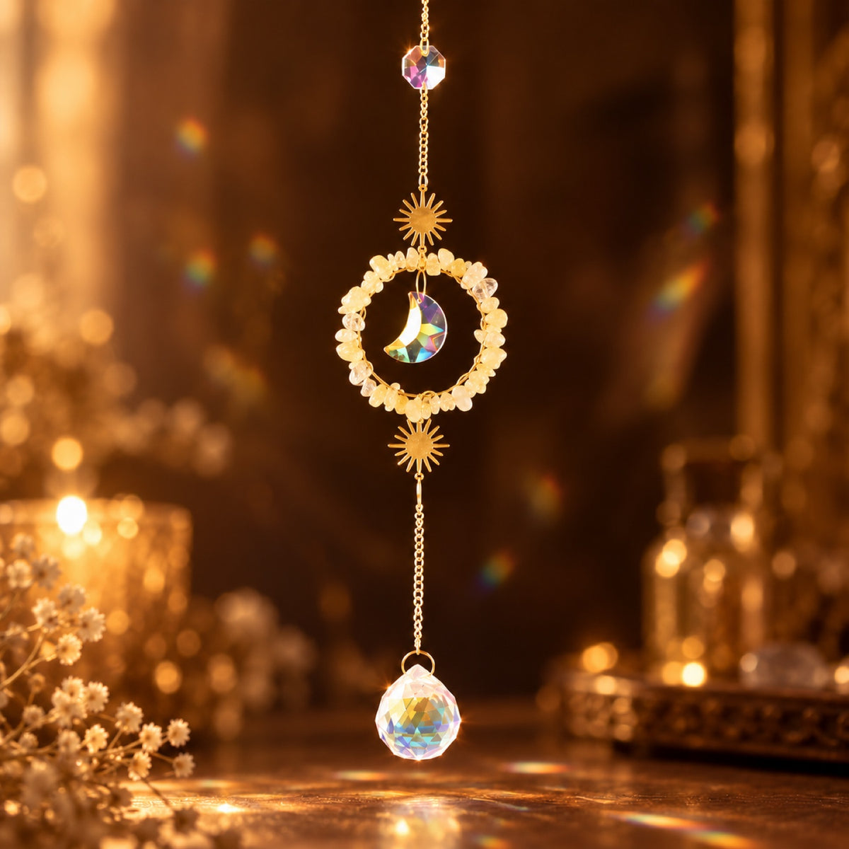 Citrine chip sun and moon suncatcher with glass prism