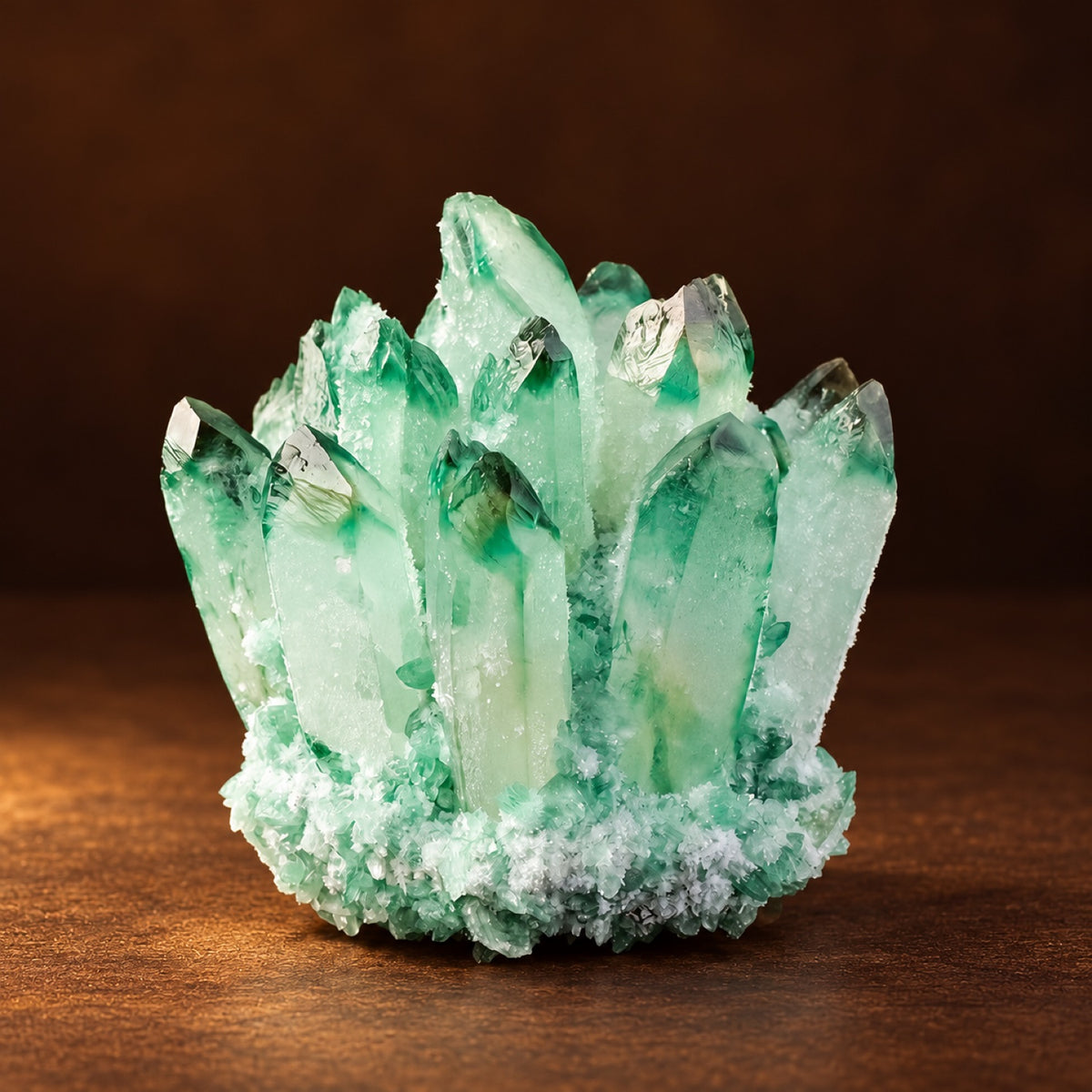 Green (color-enhanced) quartz crystal cluster on a display base