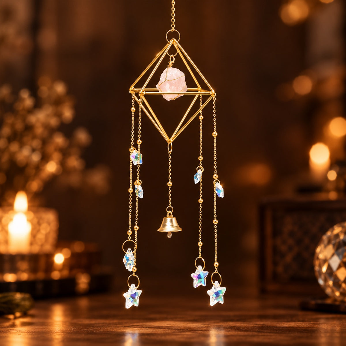 Raw Rose Quartz wind chime with glass prisms and bell