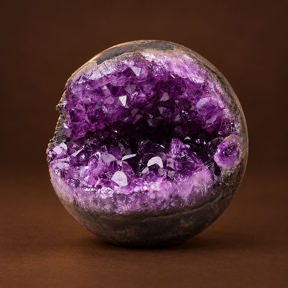Natural amethyst geode sphere with purple crystal cave, view 5