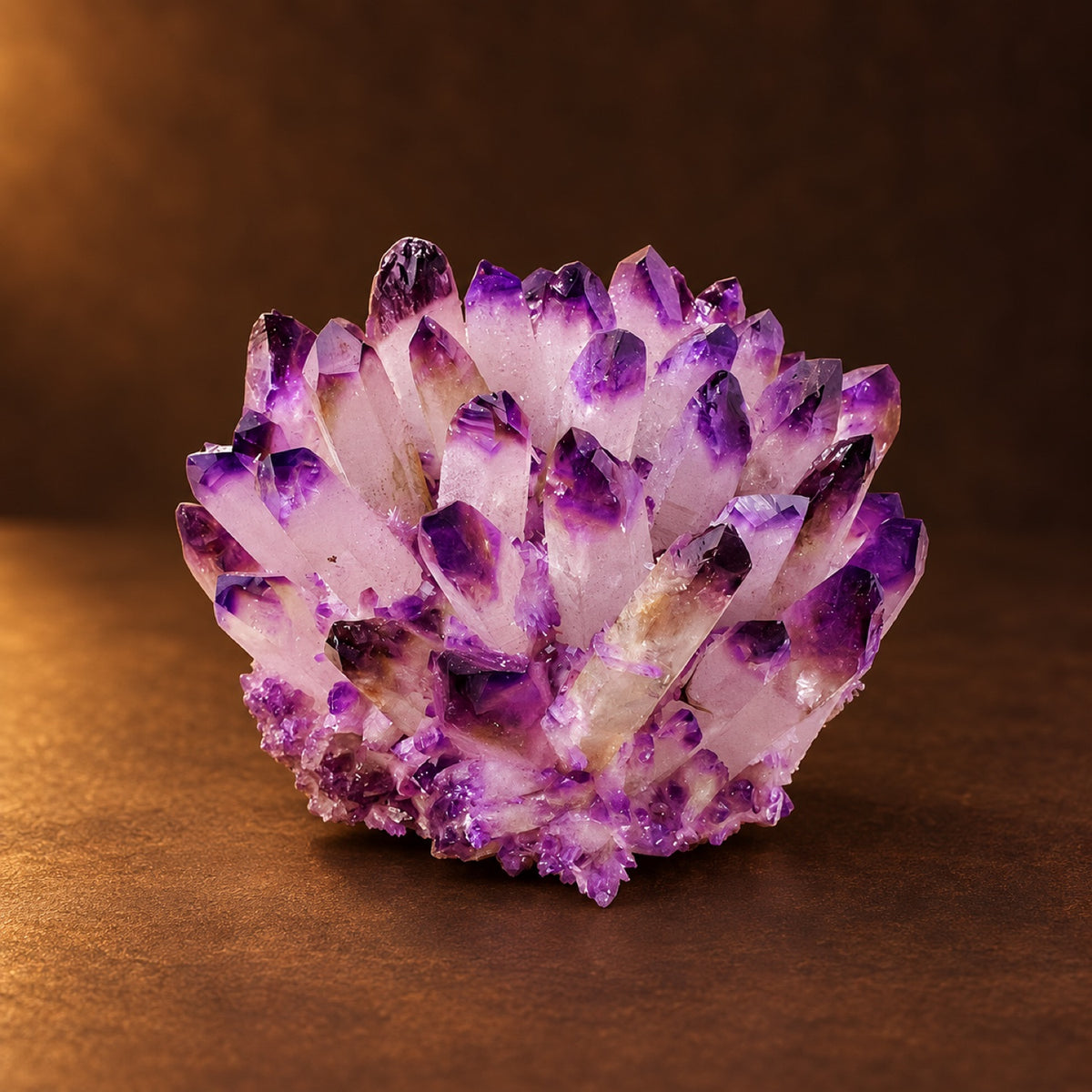 Light Purple (color-enhanced) fine-point quartz crystal cluster on a display base