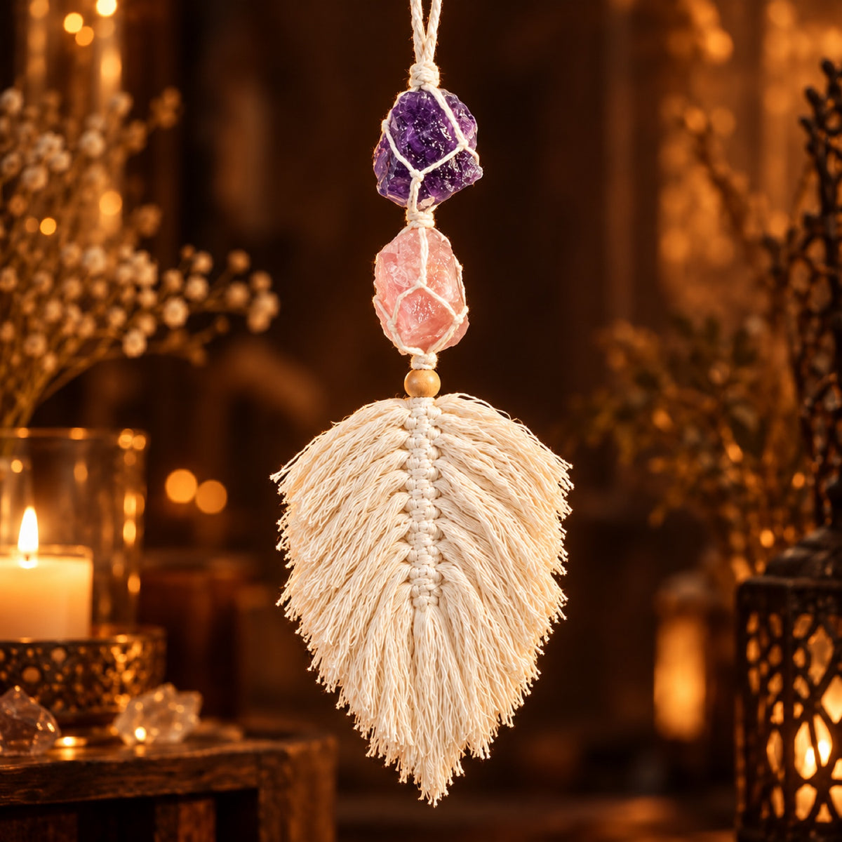 Macramé feather hanging with raw Amethyst & Rose Quartz
