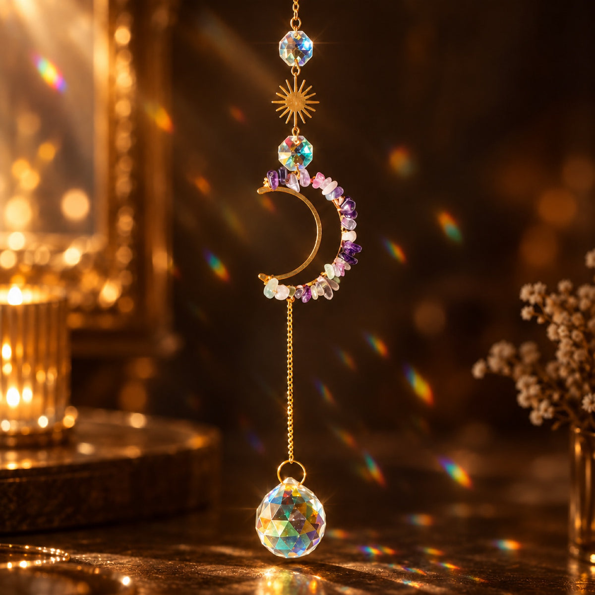 Rainbow Fluorite chip crescent moon suncatcher with glass prism ball