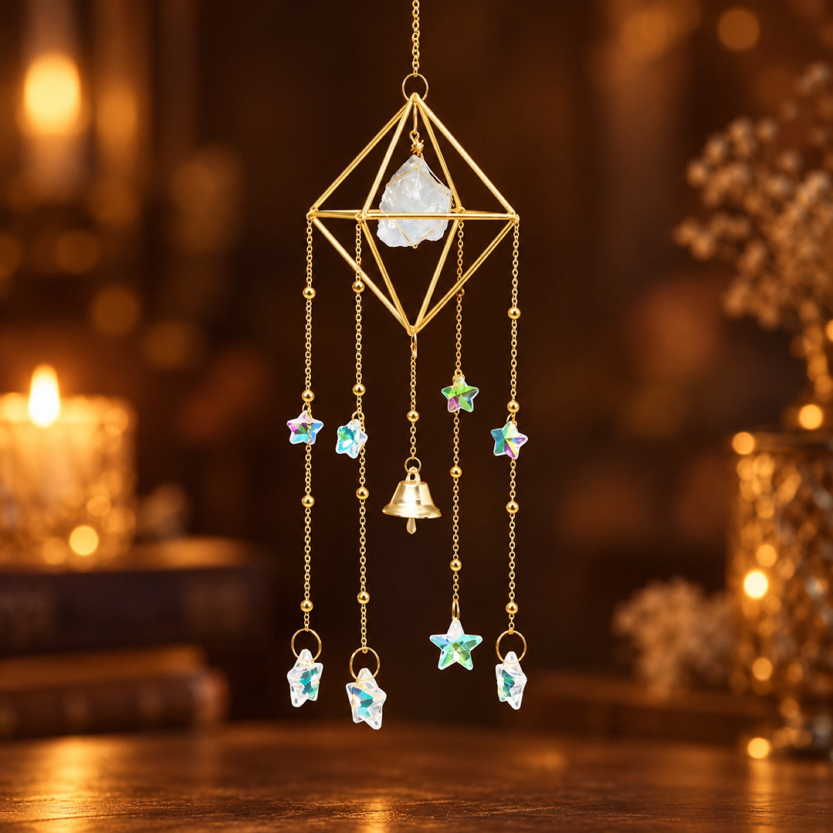 Raw Clear Quartz wind chime with glass prisms and bell