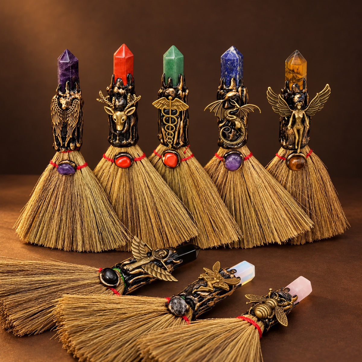 Nine mini witch brooms with stone points and bronze-tone charms