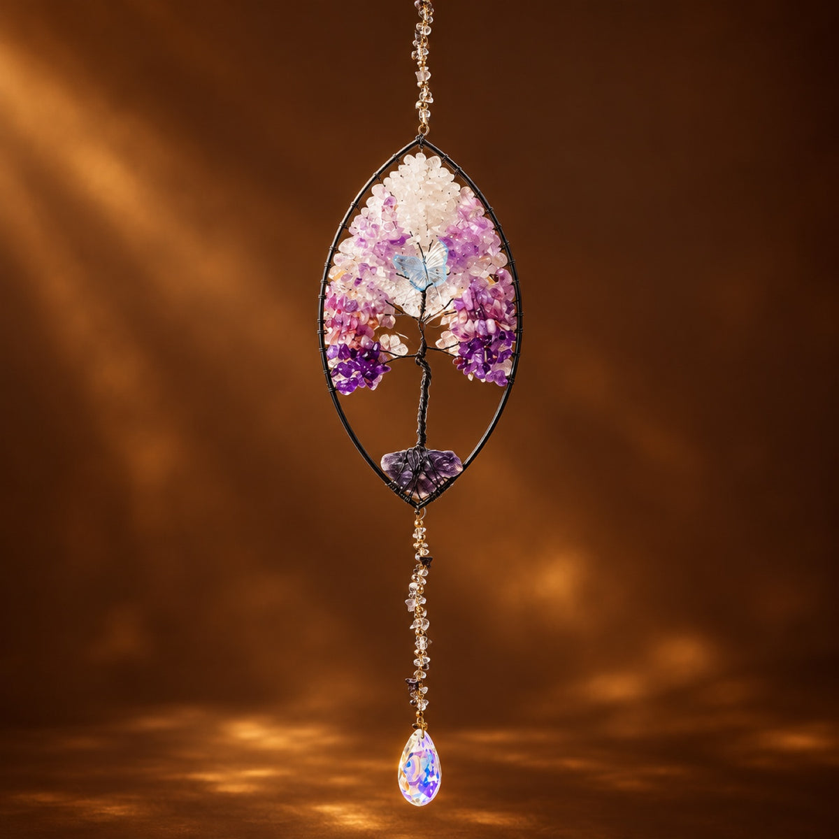 Leaf-shaped tree of life suncatcher with amethyst chips and glass prism