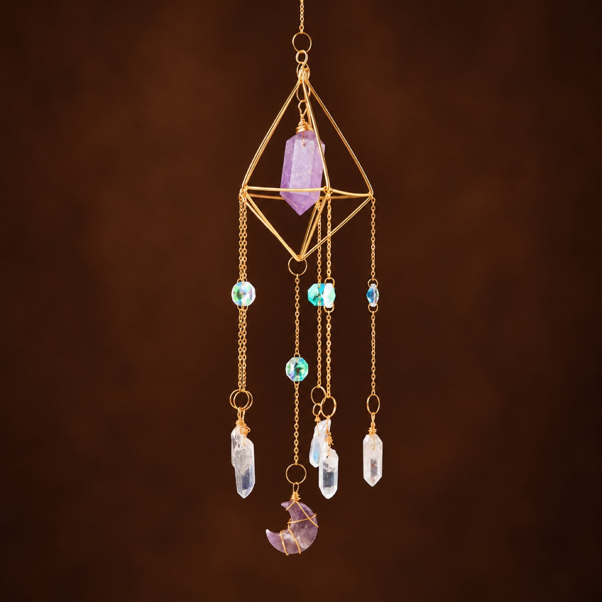 Geometric gold suncatcher with Amethyst point and glass prisms