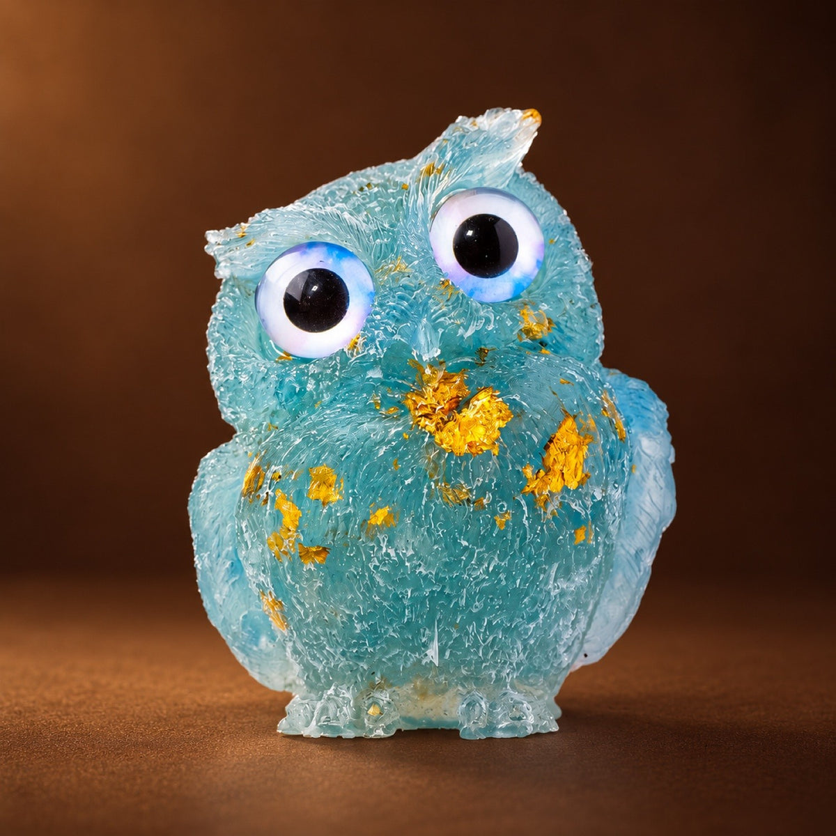 Resin owl figurine with Aquamarine chips and gold flakes