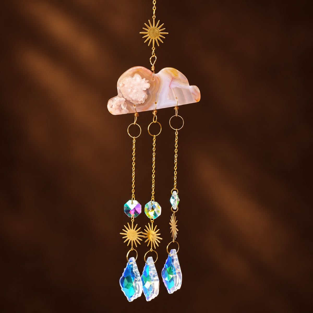 Cherry Blossom Agate cloud suncatcher with gold sun charms and glass prisms