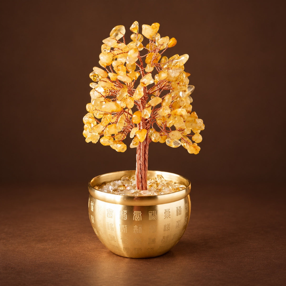 Citrine chip money tree in a gold-tone fortune bowl