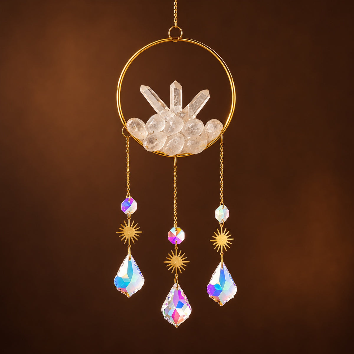 Clear quartz hoop suncatcher with gold sun charms and glass prisms