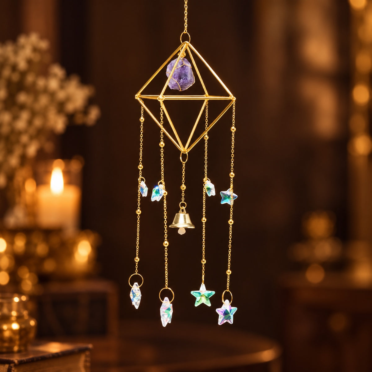 Raw Dream Amethyst wind chime with glass prisms and bell