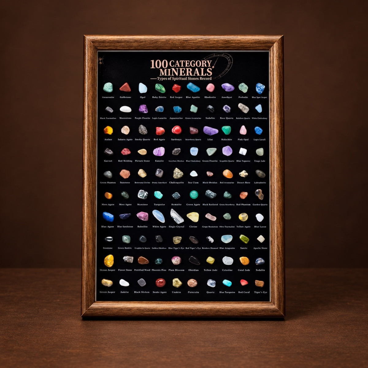 100 labeled minerals and tumbled stones in a wooden frame