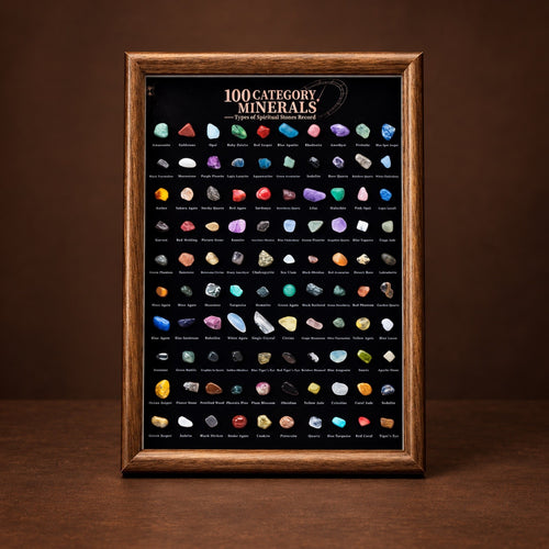 100 labeled minerals and tumbled stones in a wooden frame