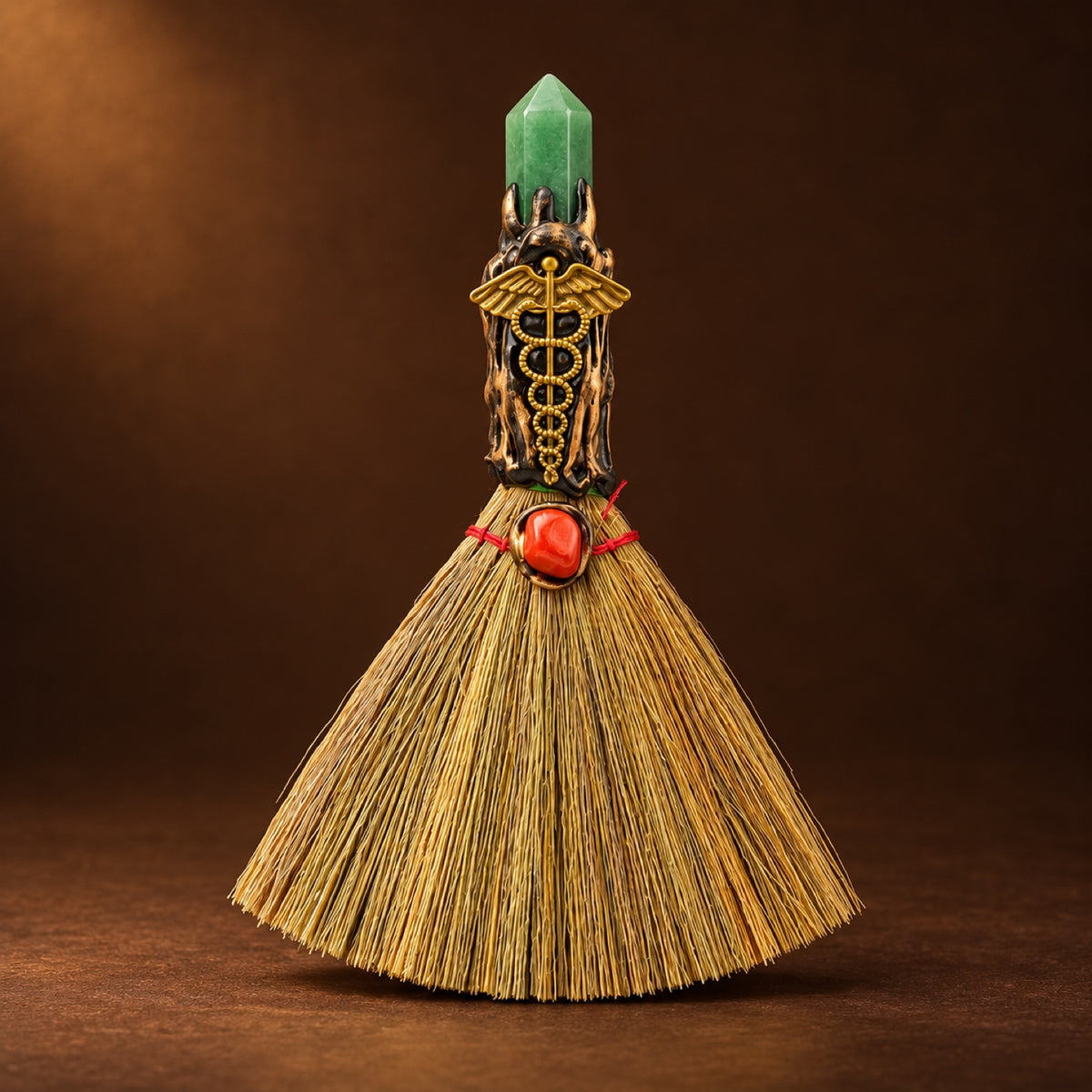 Mini witch broom with Green Aventurine point and bronze-tone charm