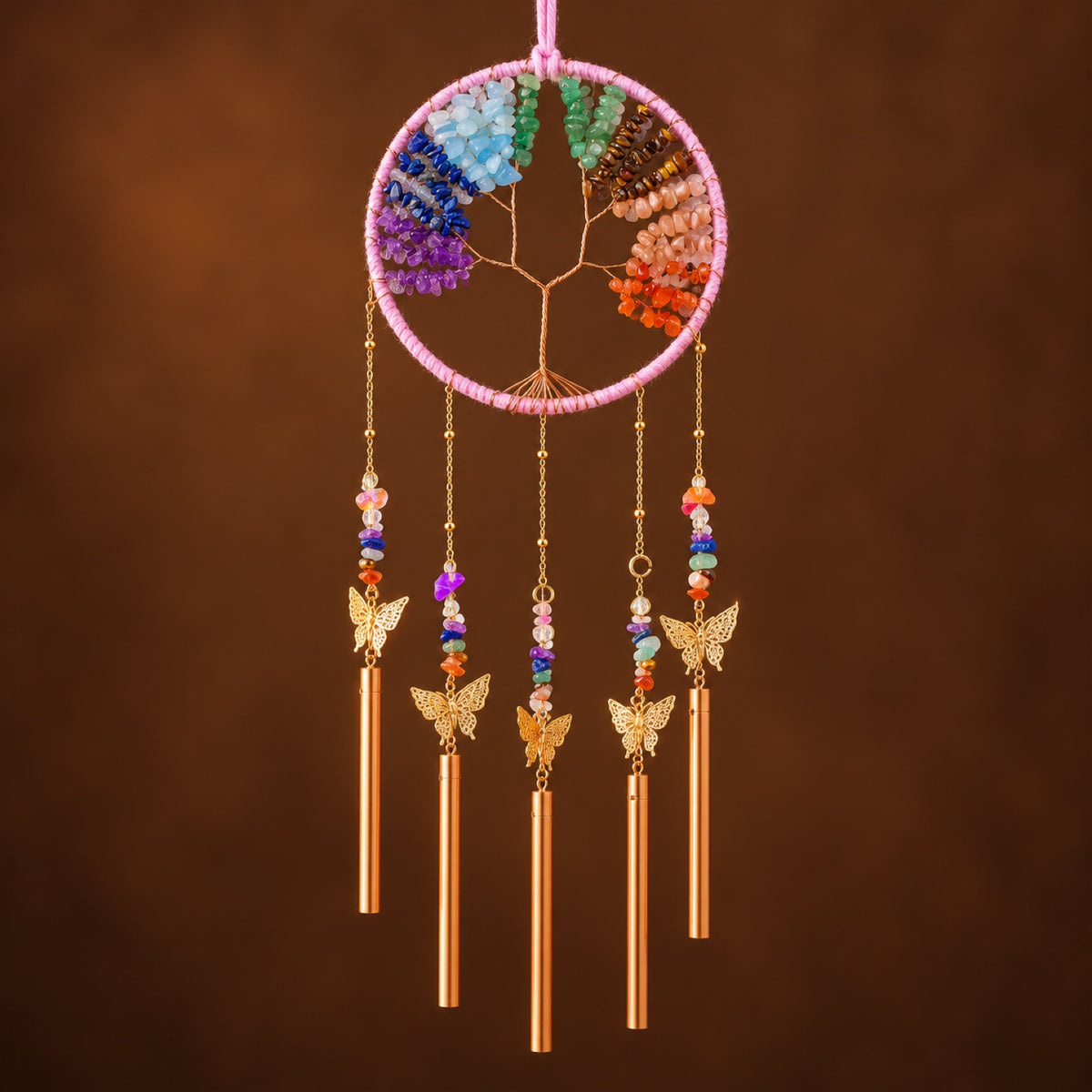Rainbow crystal chip tree of life wind chime with glass prisms