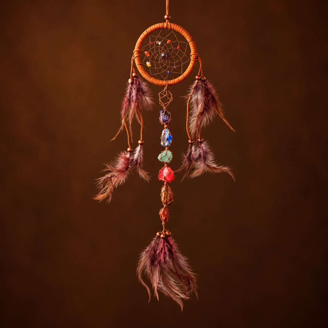 Chakra dream catcher with feathers, raw stone style