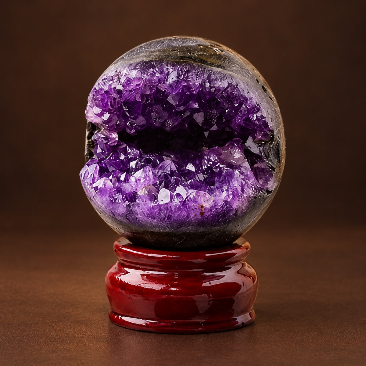 Natural amethyst geode sphere on its display base