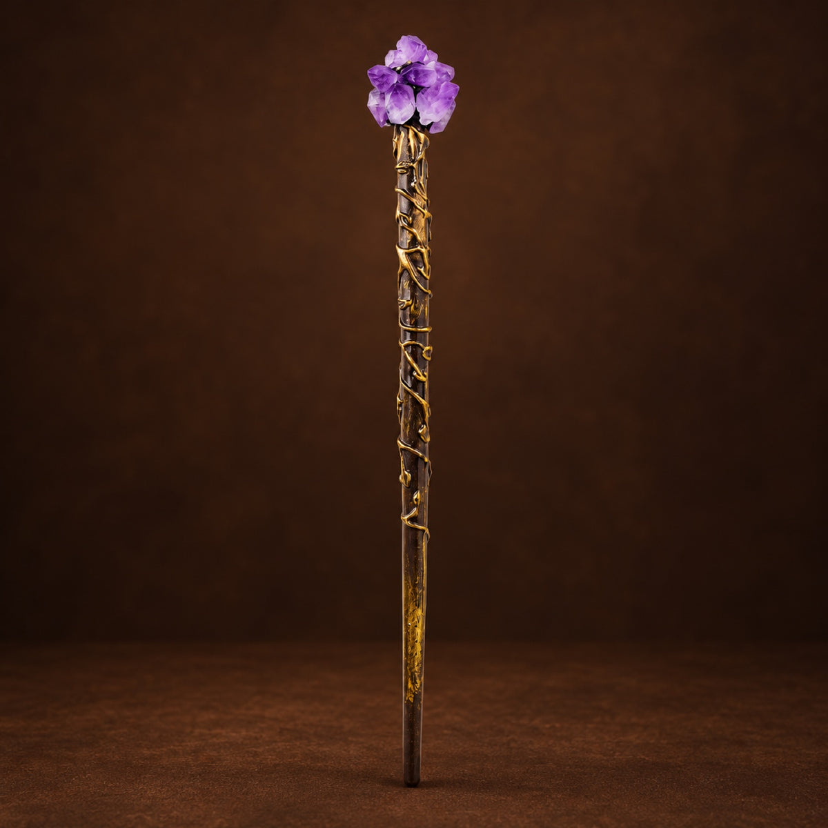 Magic wand topped with Amethyst Cluster in a gold-tone setting