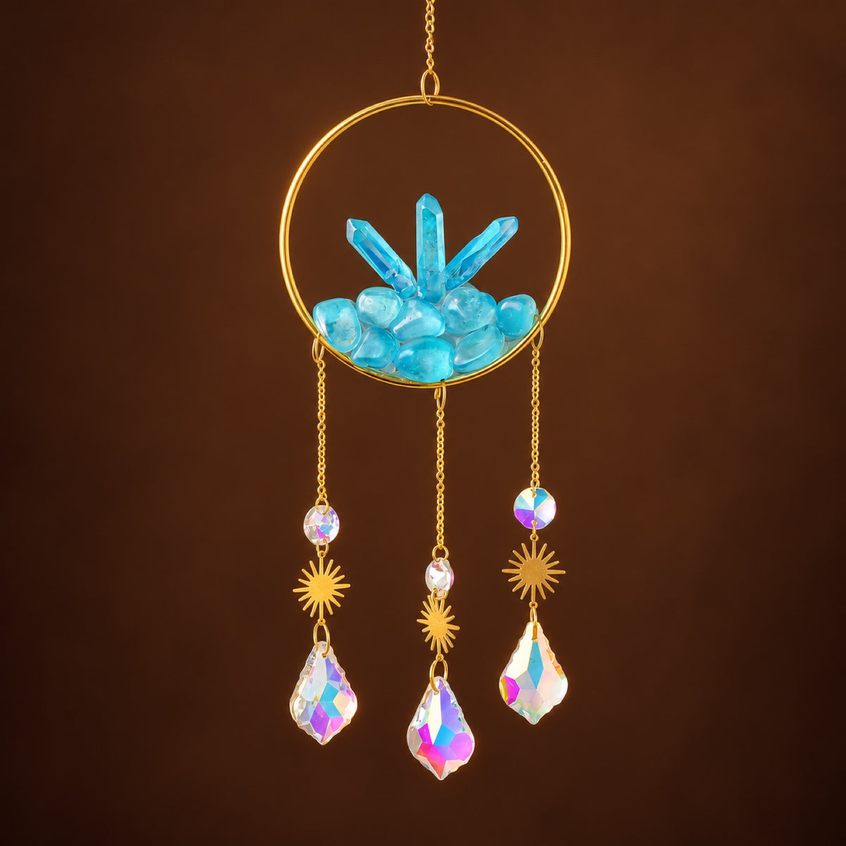 Blue Aura Quartz (coated) hoop suncatcher with glass prisms
