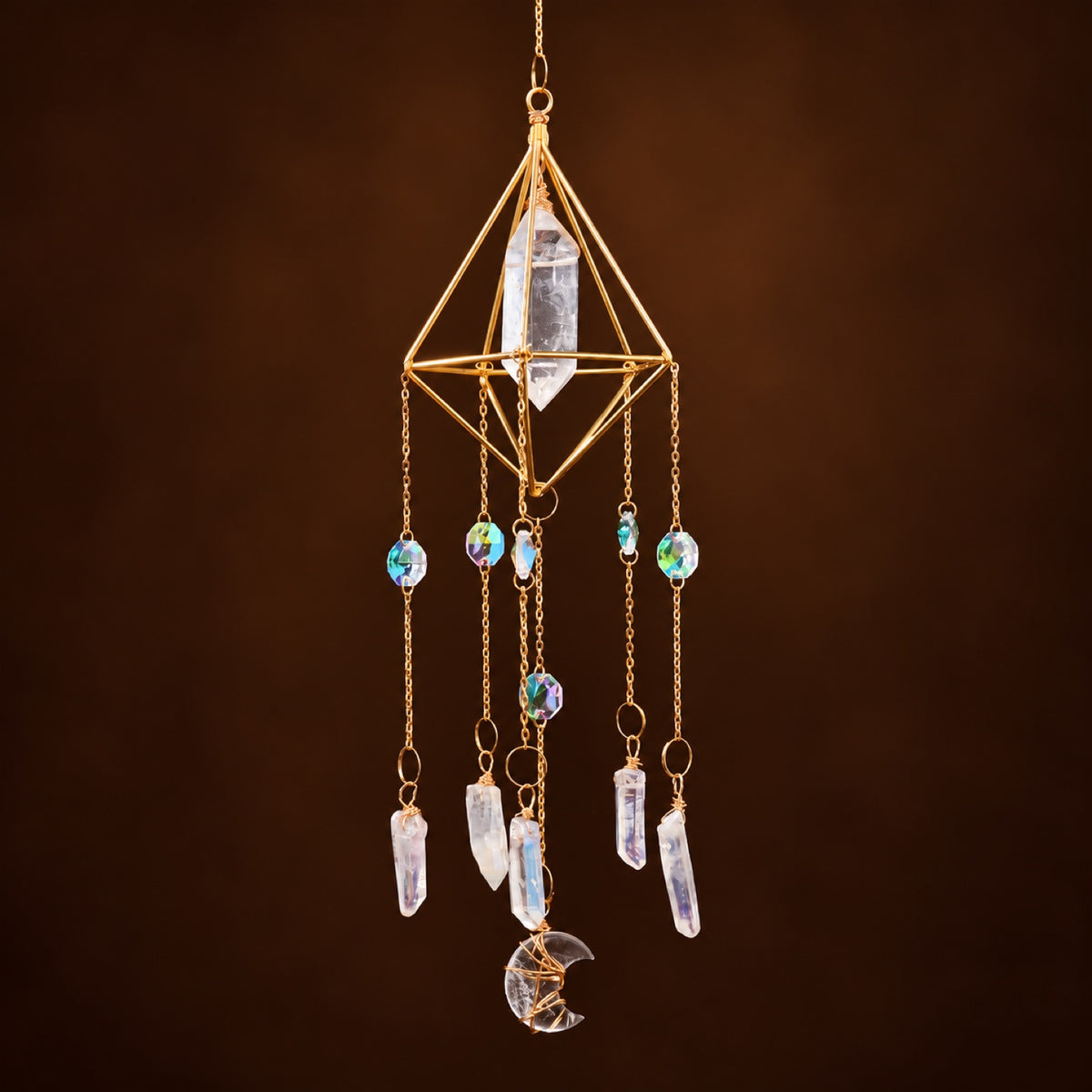 Geometric gold suncatcher with Clear Quartz point and glass prisms