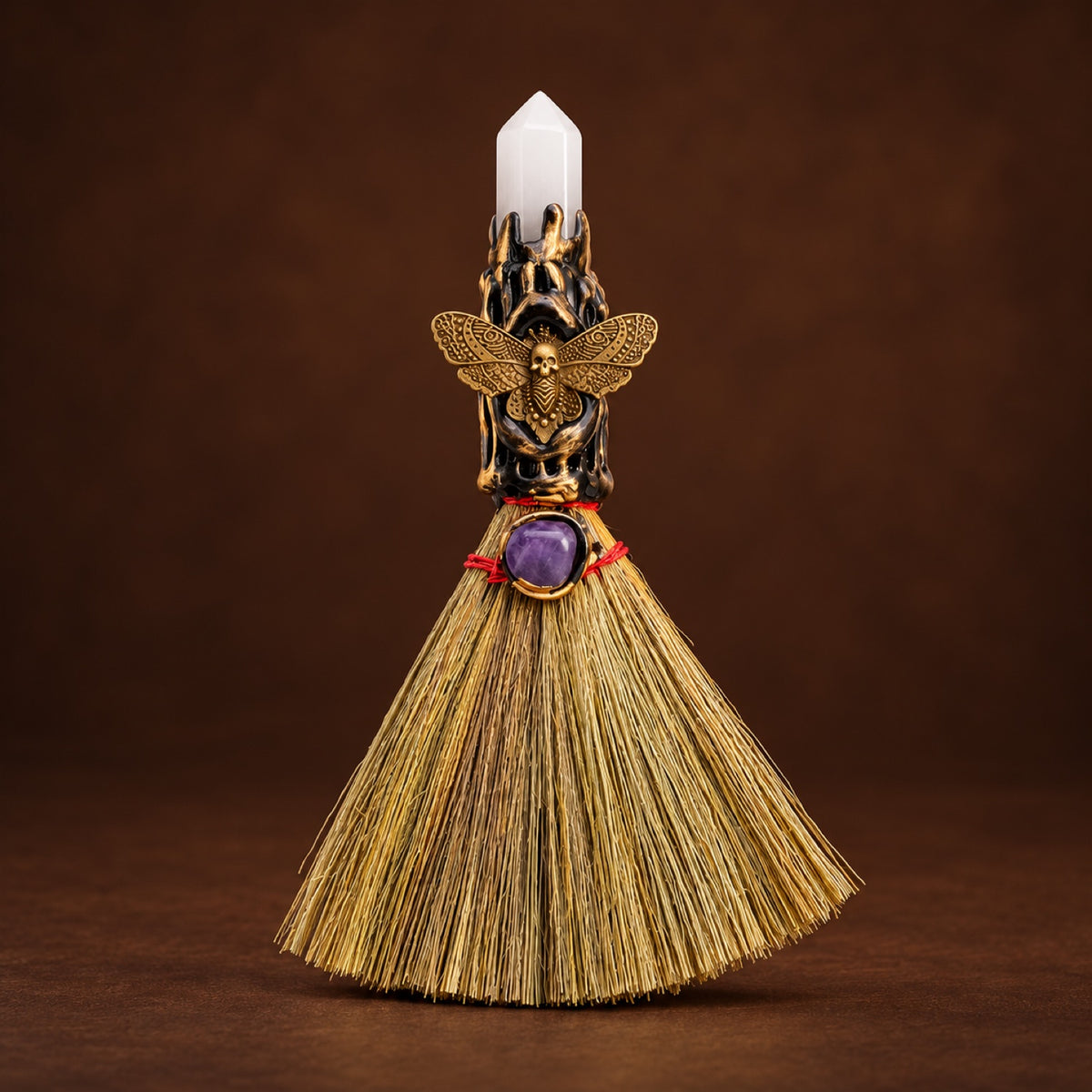 Mini witch broom with Clear Quartz point and bronze-tone charm