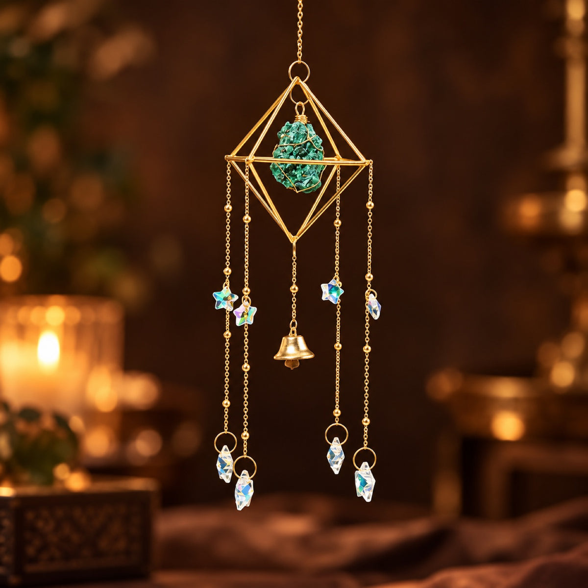 Raw Malachite wind chime with glass prisms and bell