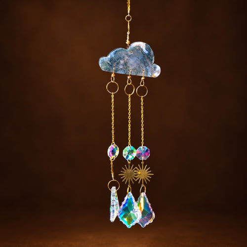 Moss Agate cloud suncatcher with gold sun charms and glass prisms