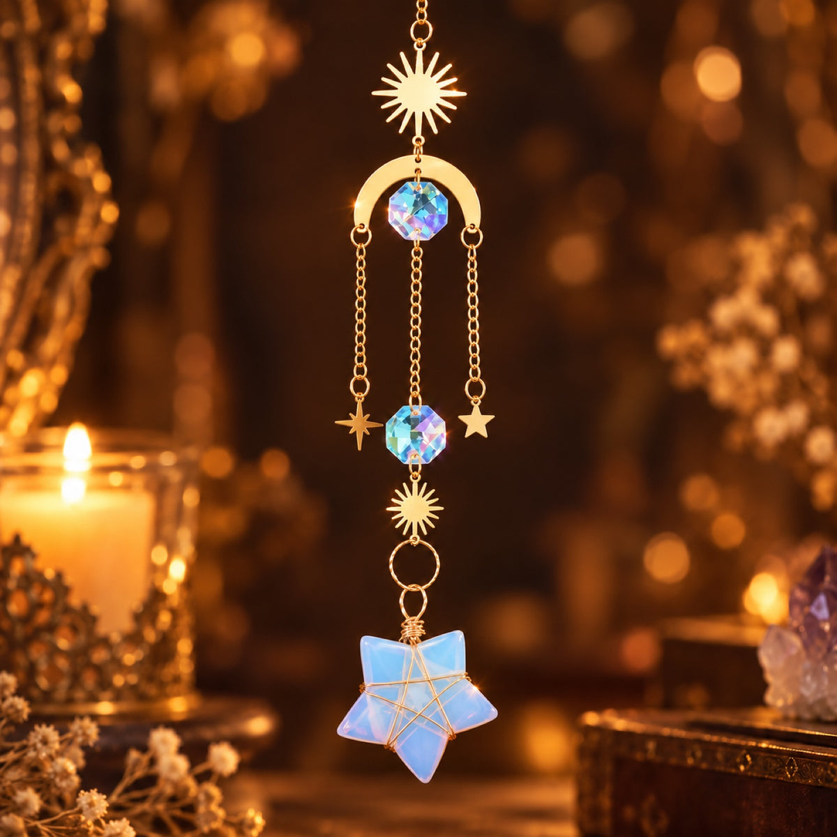 Sun and moon suncatcher with wire-wrapped Opalite (glass) star and glass prisms