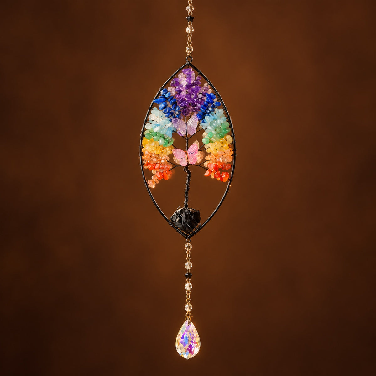 Leaf-shaped tree of life suncatcher with rainbow chips and glass prism