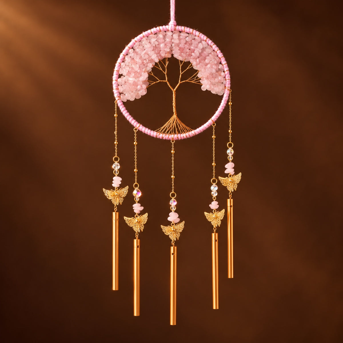 Rose quartz tree of life wind chime with glass prisms