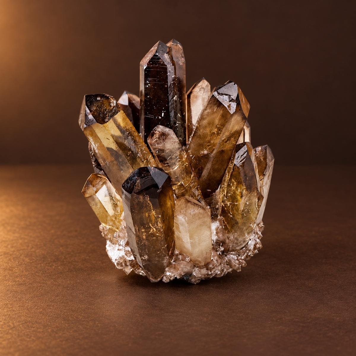Smoky quartz crystal cluster on a display base