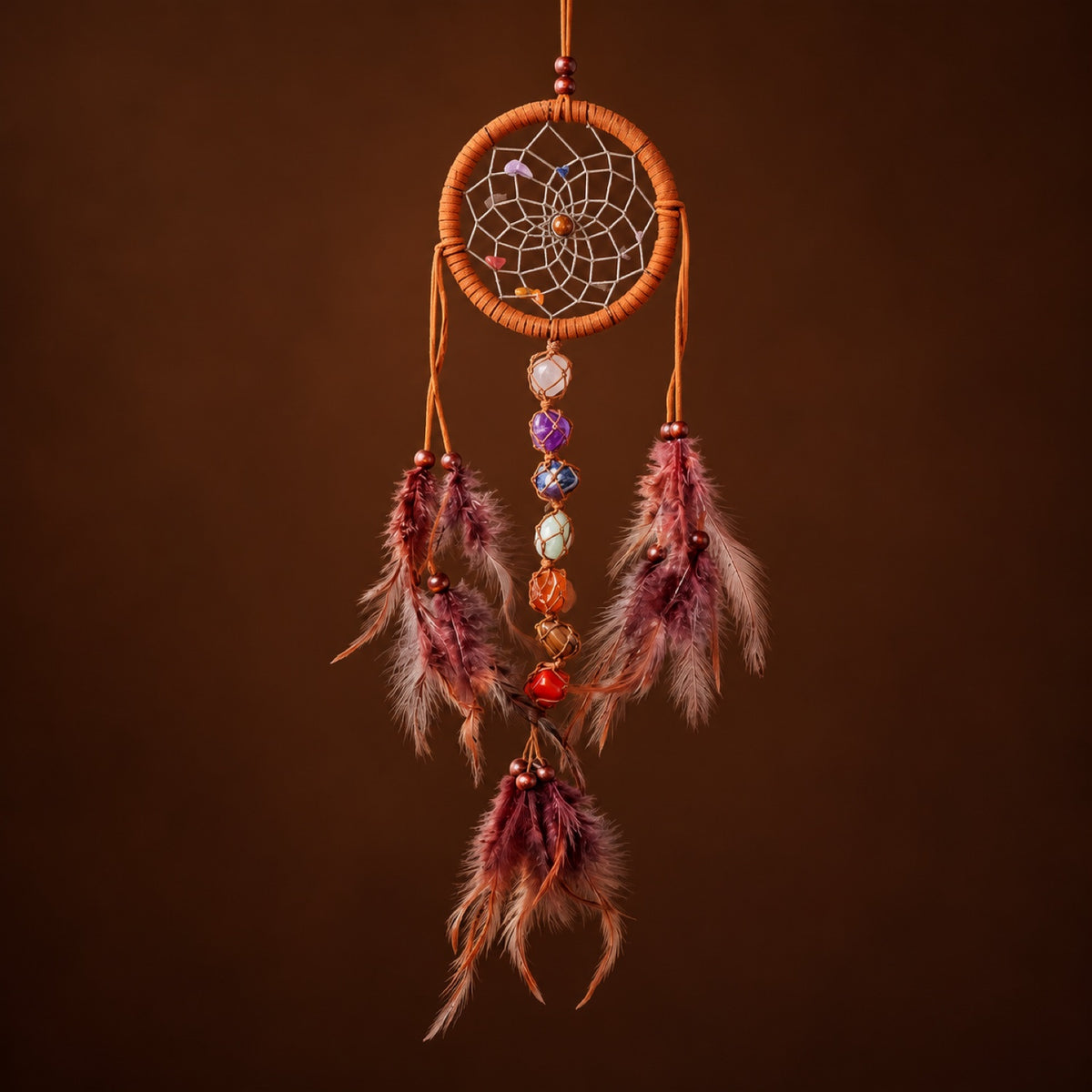 Chakra dream catcher with feathers, tumbled stone style