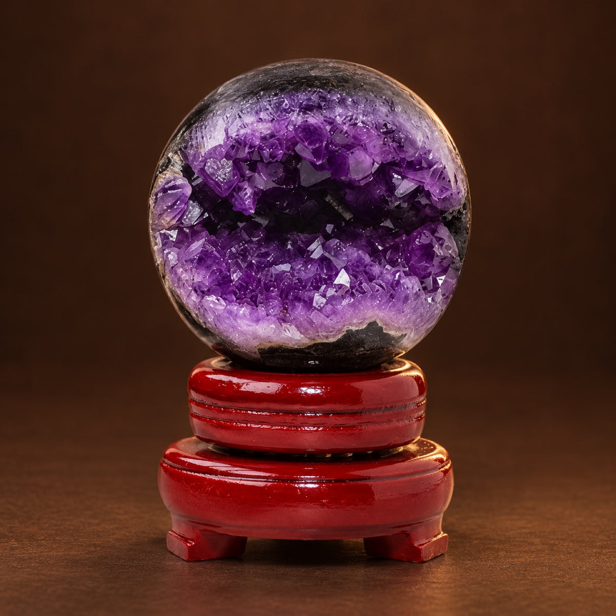 Natural amethyst geode sphere with purple crystal cave, view 2