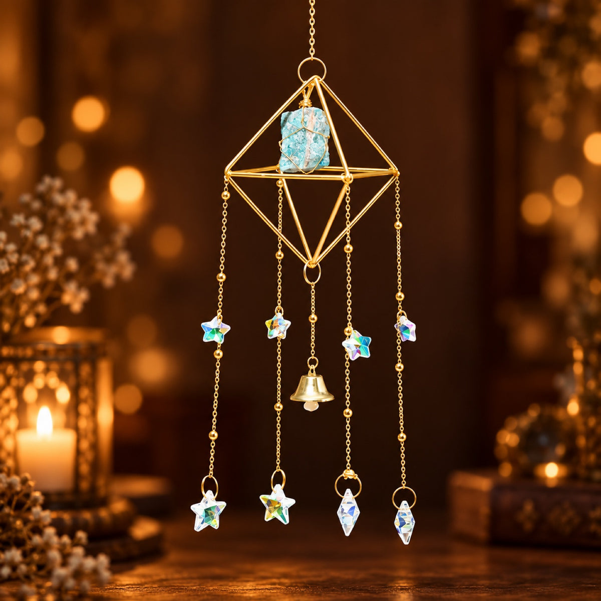 Raw Amazonite wind chime with glass prisms and bell