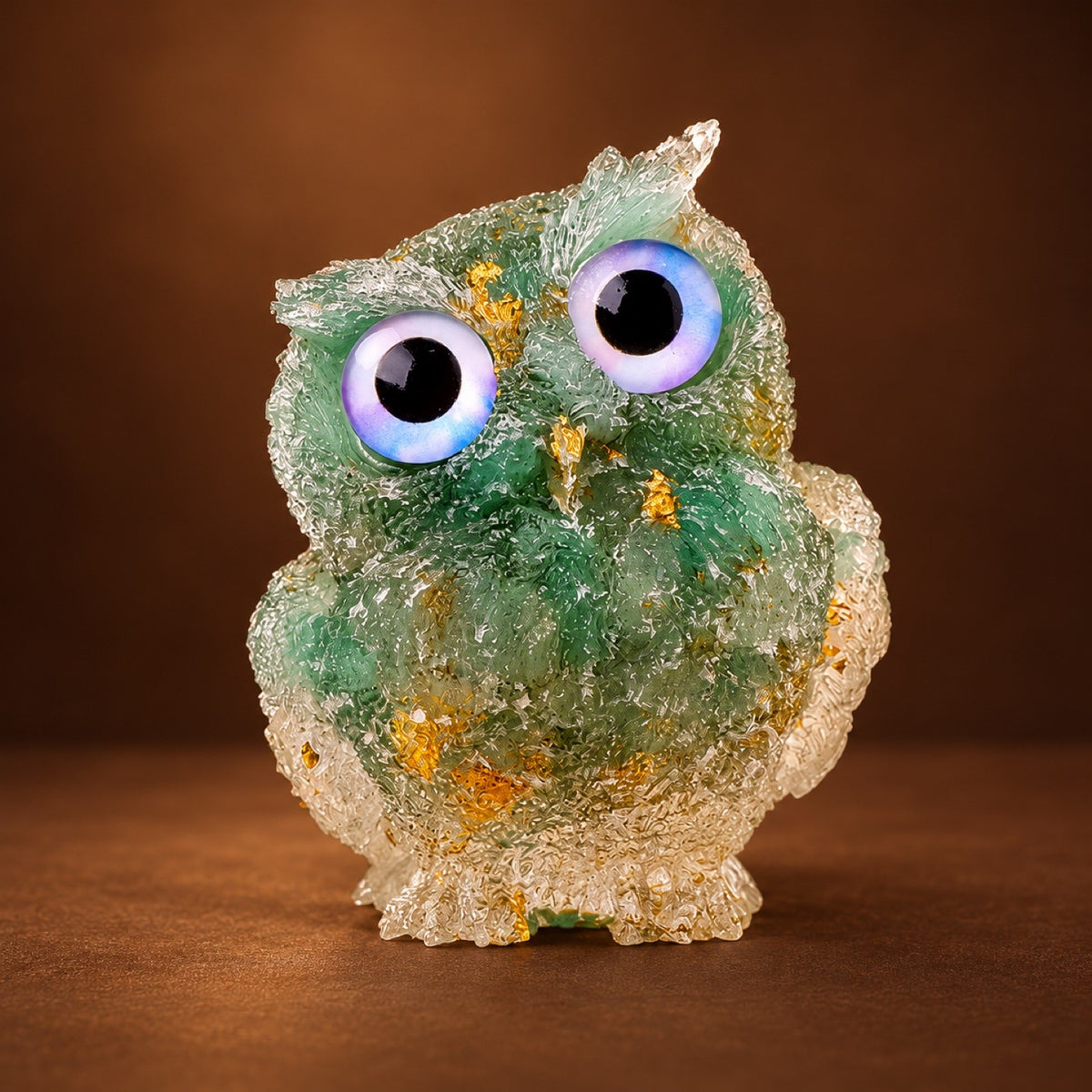 Resin owl figurine with Green Aventurine chips and gold flakes