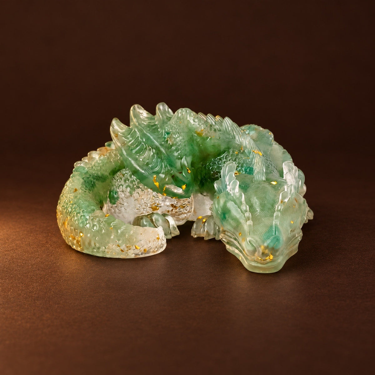 Resin sleeping dragon figurine with Green Aventurine chips and gold flakes