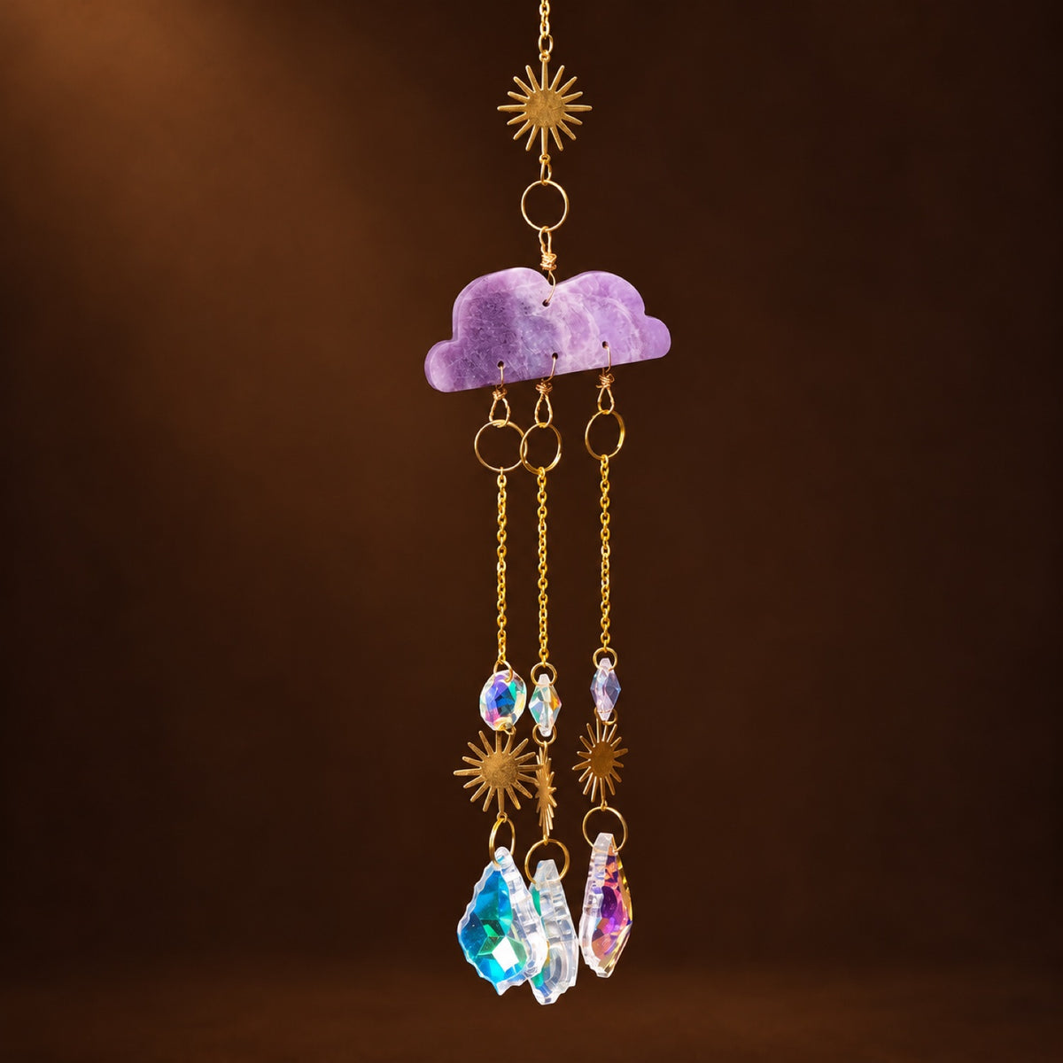 Lepidolite cloud suncatcher with gold sun charms and glass prisms
