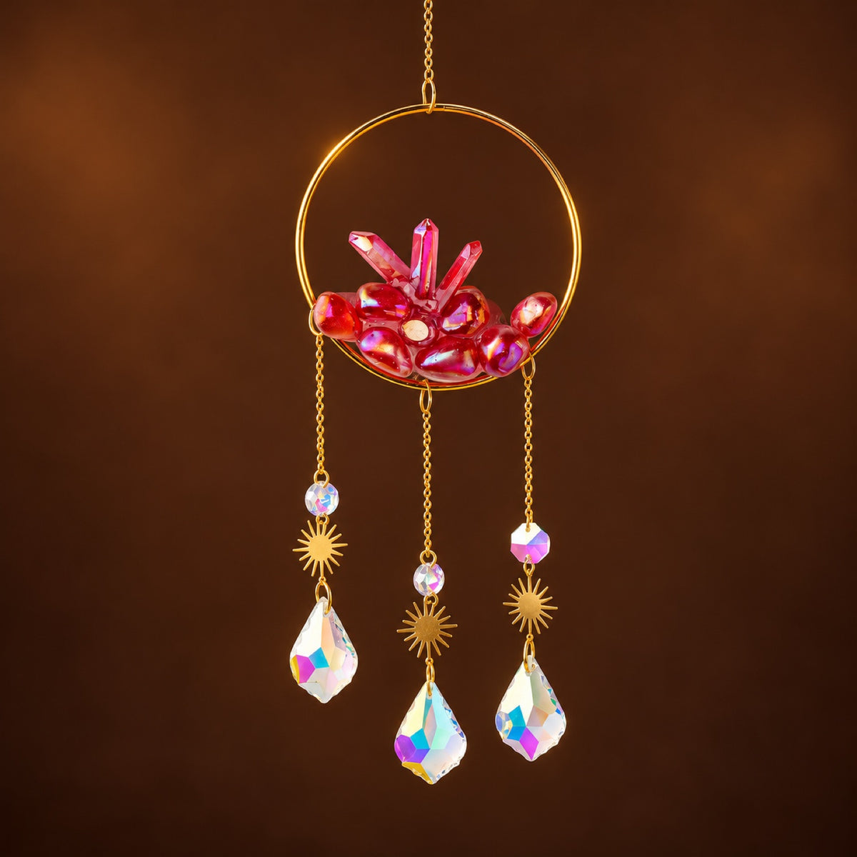 Red Aura Quartz (coated) hoop suncatcher with glass prisms