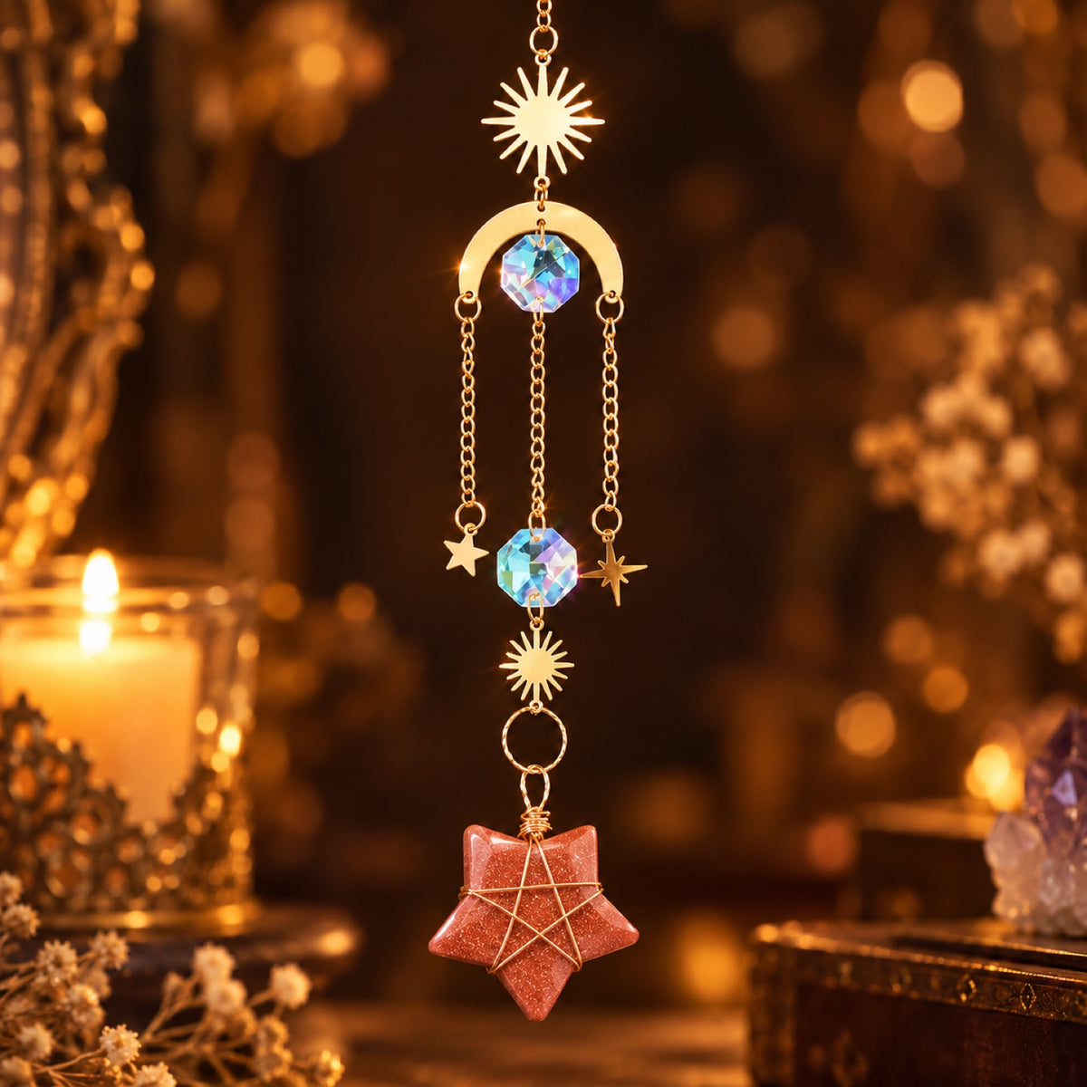 Sun and moon suncatcher with wire-wrapped Red Goldstone (glass) star and glass prisms