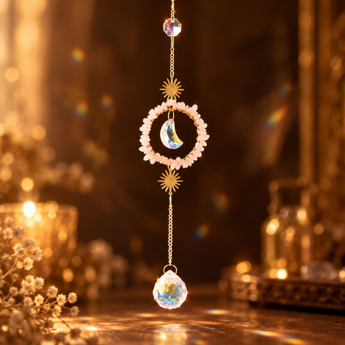 Rose Quartz chip sun and moon suncatcher with glass prism