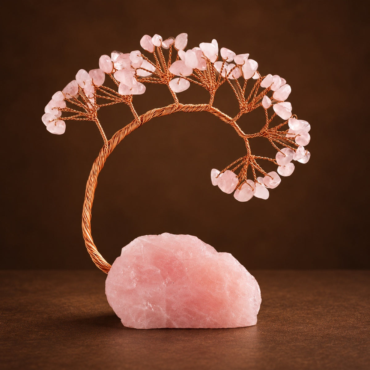 Rose Quartz chip tree of life on a raw Rose Quartz base