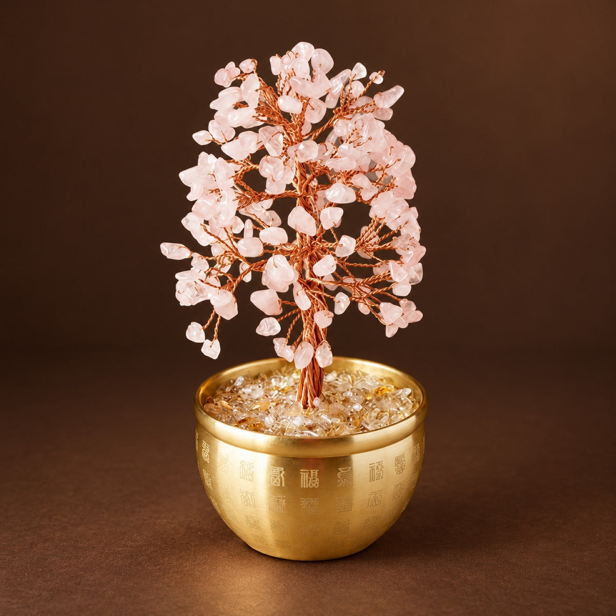 Rose Quartz chip money tree in a gold-tone fortune bowl