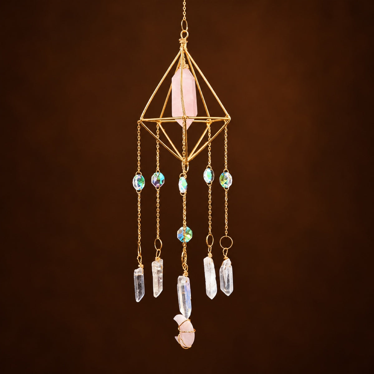 Geometric gold suncatcher with Rose Quartz point and glass prisms