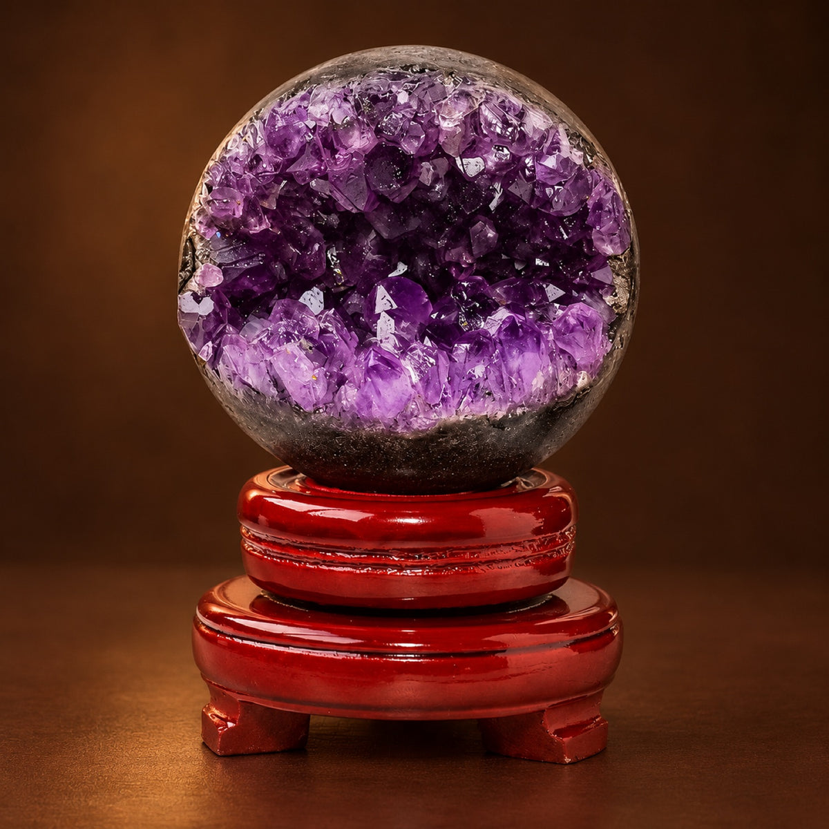 Natural amethyst geode sphere with purple crystal cave, view 3